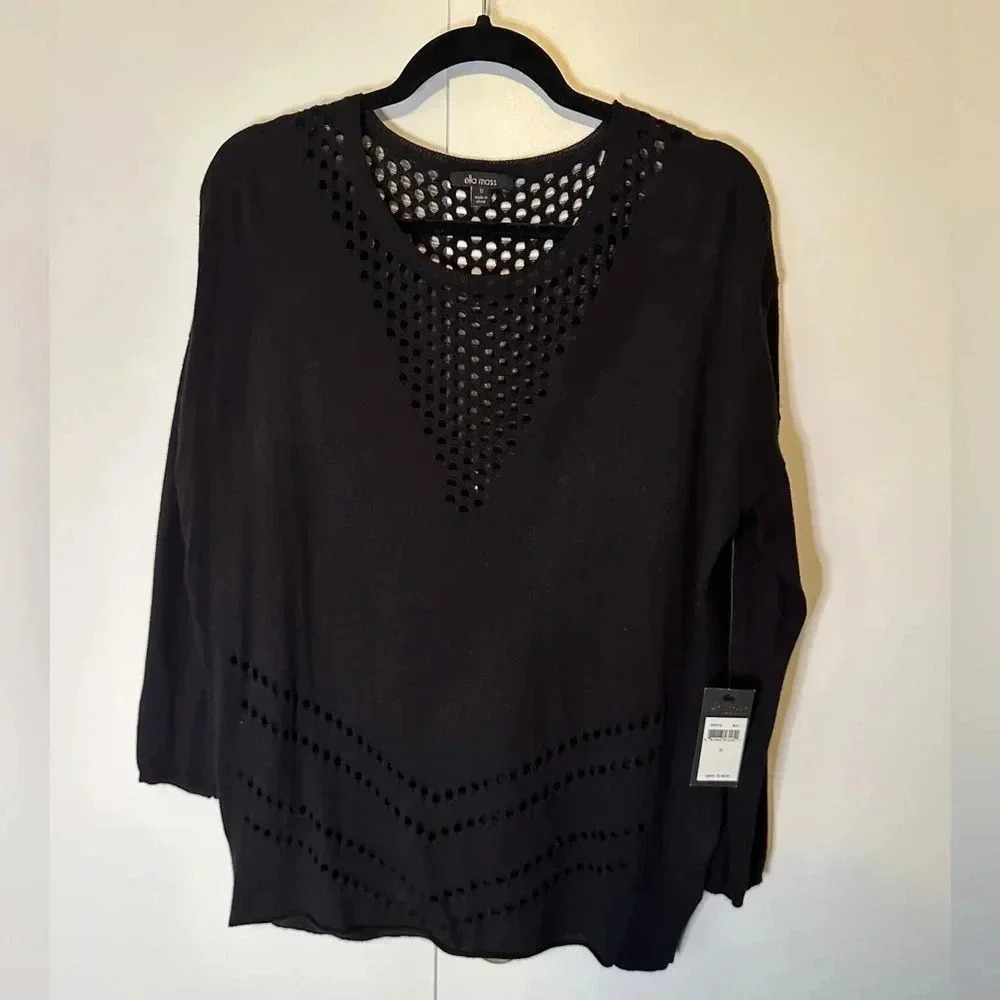 NWT Ella Moss 3/4 Sleeve Black Perforated Lightweight Sweater